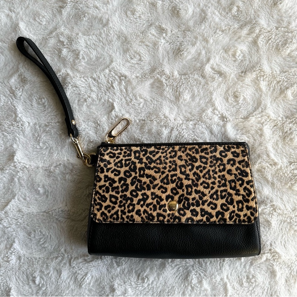 Talbots Leather Wristlet Wallet Black Leopard Animal Print Zip Top Lined Formal